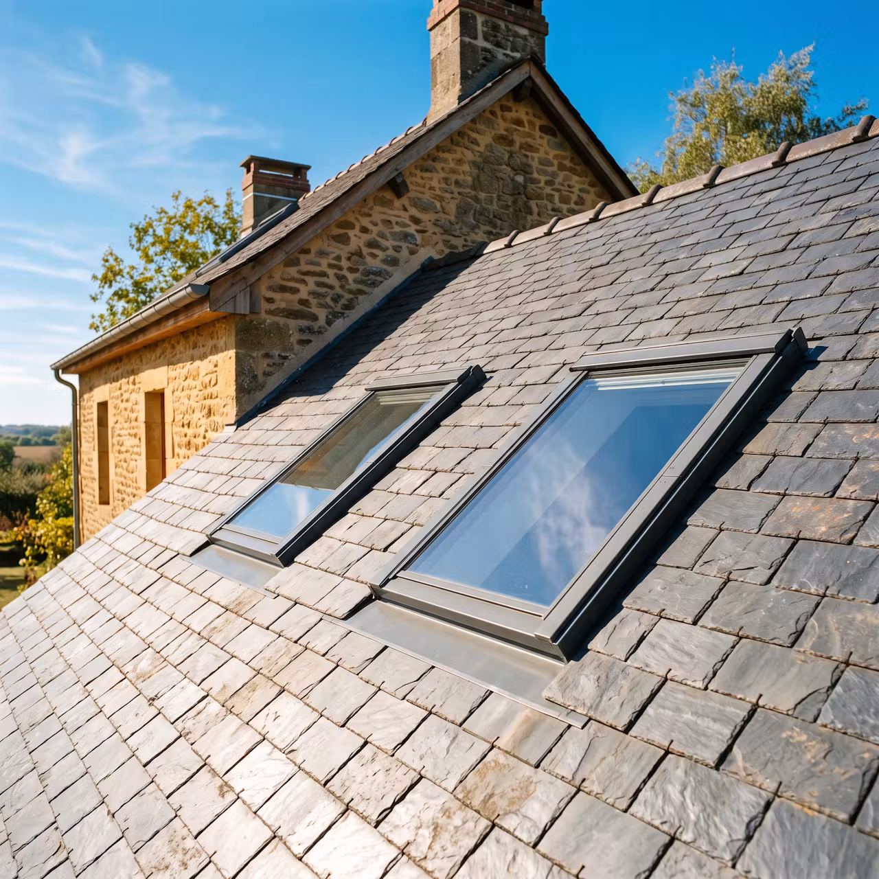 Fenêtres de toit Velux sur toiture en ardoise en Ille-et-Vilaine