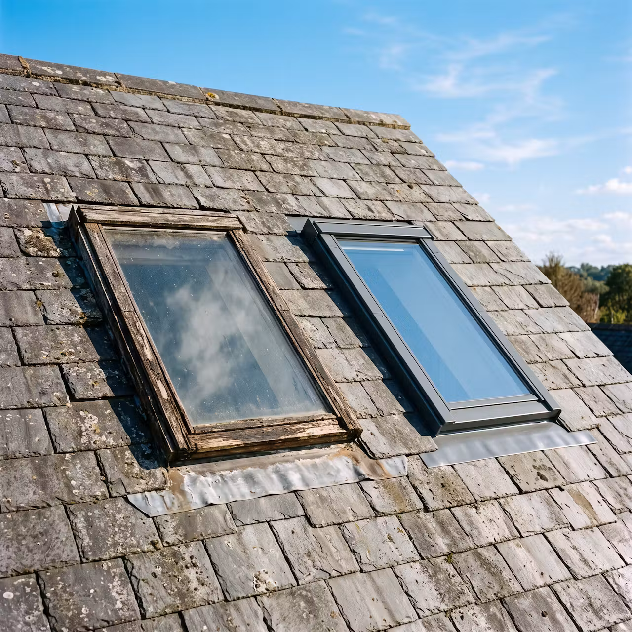 Remplacement d'une ancienne fenêtre de toit sur toiture en ardoise