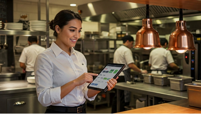 A woman uses a tablet in a commercial kitchen.