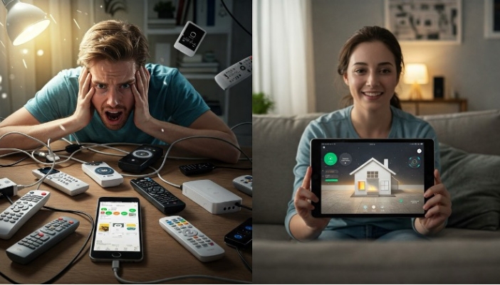 A side-by-side of a man frustrated with multiple electronic devices and a happy woman having to manage one.