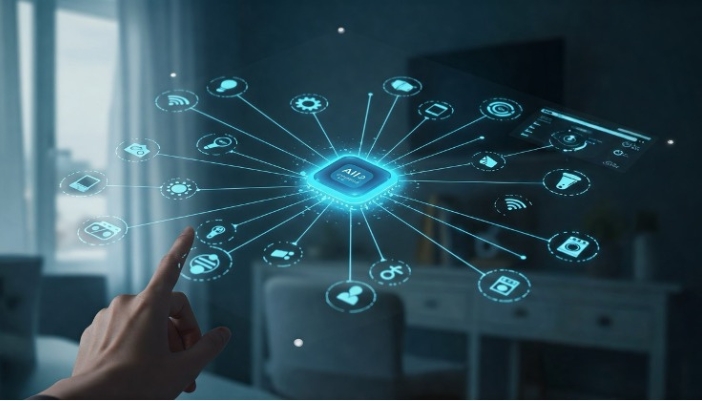 An illustration of someone controlling multiple systems from an Apple Watch.