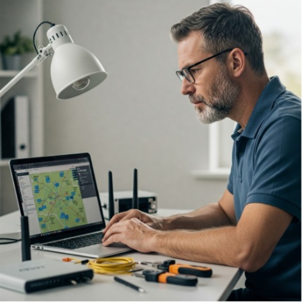 A man in tech support assisting someone setting up their system.