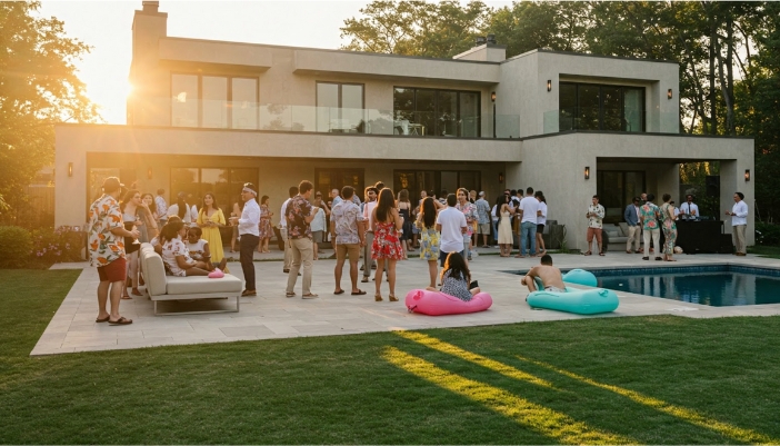An outdoor party in a modern home at sunset.