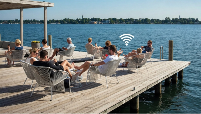 A group of people sit out on a pier using electronics with a wifi signal in the background.