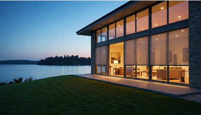 A huge wall of windows in a modern home lit up from the inside.