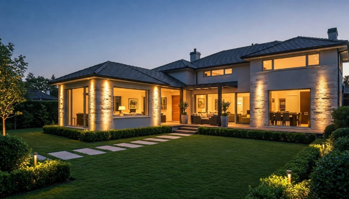 A modern home exterior at dusk all lit up from the inside.