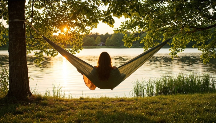 A woman rests in a hammock next to a lake at sunset.