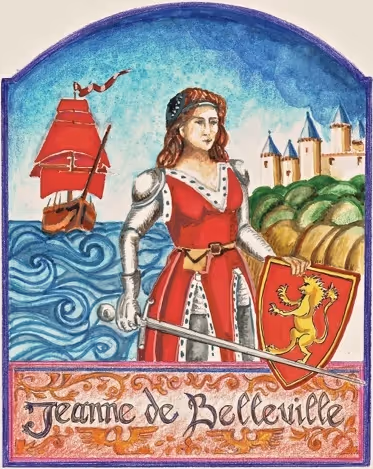 Jeanne de Belleville en armure rouge tient une épée et un bouclier avec un lion, navire à voile rouge en mer derrière.