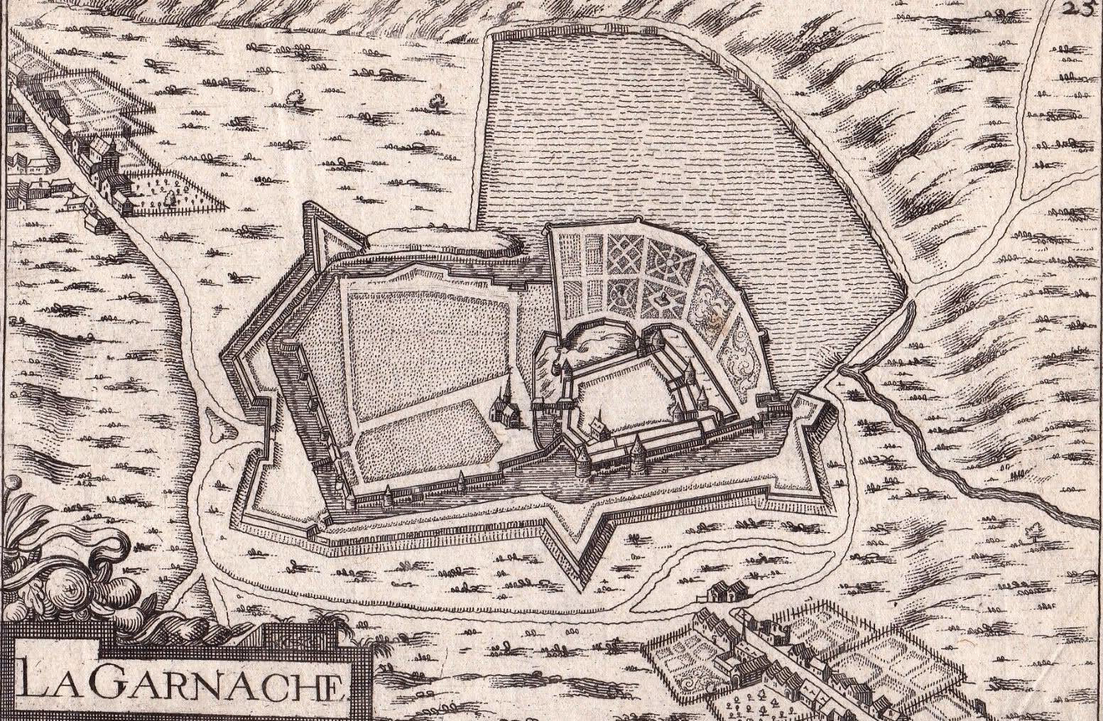 Carte ancienne montrant la forteresse de La Garnache, ses murailles et ses jardins formels.