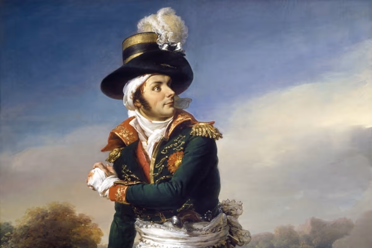 Portrait d'un homme en uniforme militaire vert décoré et chapeau noir à plumes blanches.