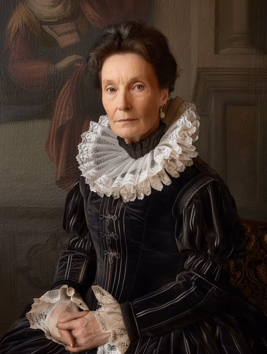 Portrait d'une femme âgée en robe noire avec un col en dentelle blanche rigide sur fond sombre.