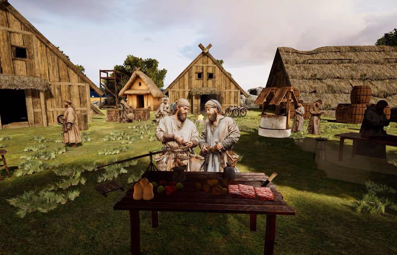 Village médiéval avec maisons en bois, deux hommes discutent près d'une table avec nourriture.