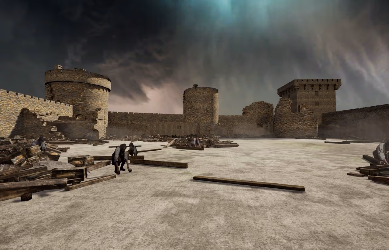 Reconstruction d'un château médiéval en pierre avec des ouvriers amassant du bois sous un ciel sombre.