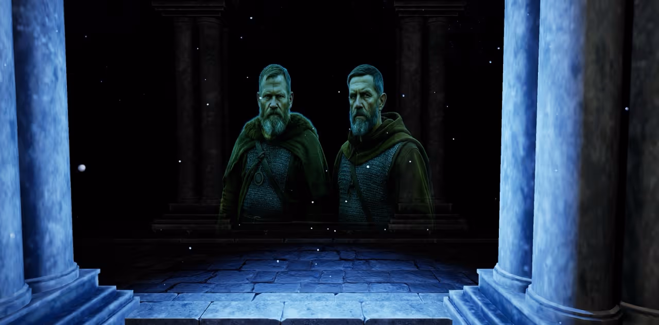 Deux hommes en armure médiévale avec capes vertes se tiennent entre des colonnes dans une scène sombre.