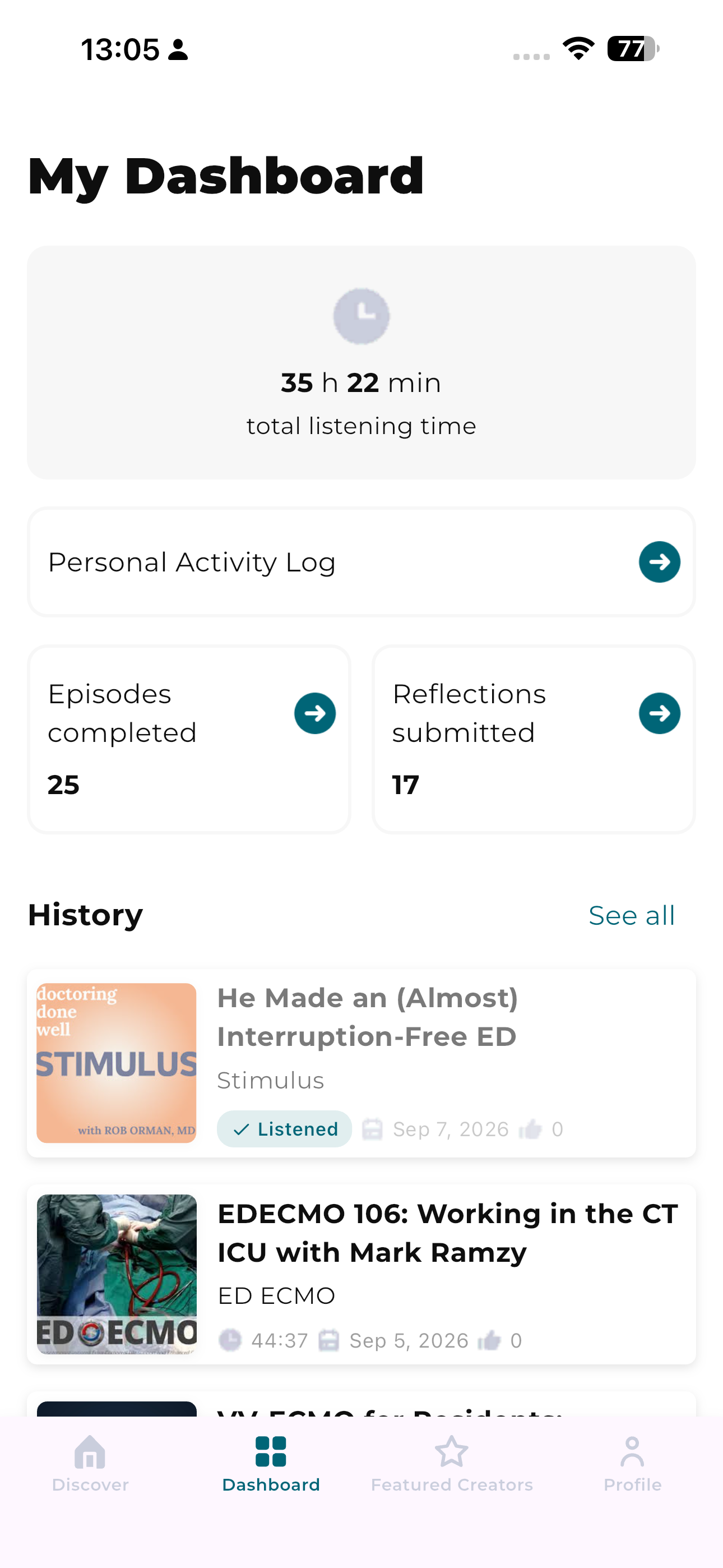 MedPod Learn dashboard showing total listening time, completed episodes, submitted reflections and listening history.