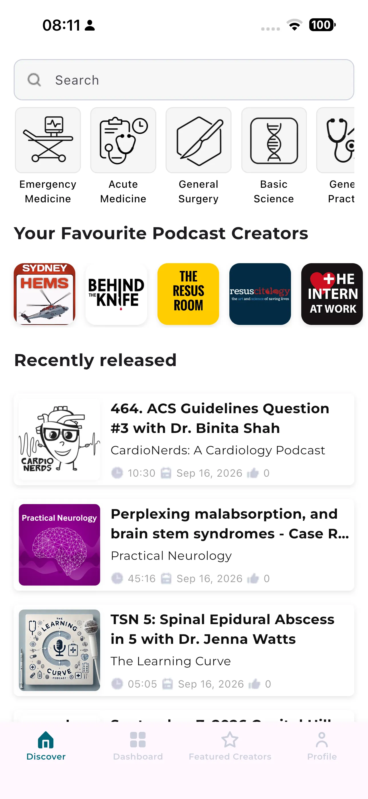 MedPod Learn app: search and clinical categories.