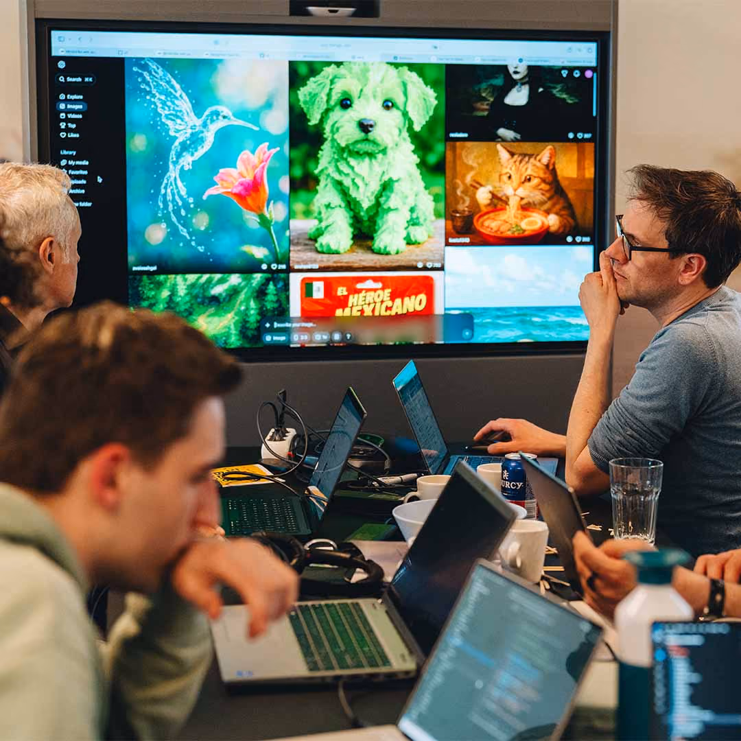 Mensen werken met laptops in een kamer met een groot scherm vol kleurrijke, creatieve afbeeldingen.