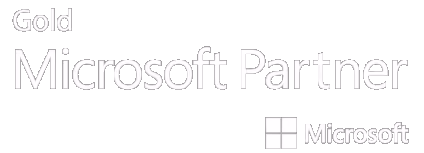 Microsoft Gold Partner logo with white text and company symbol on gray background.