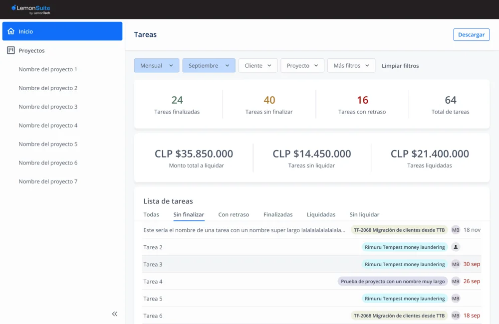 Tablero de gestión de proyectos y tareas legales en LemonSuite