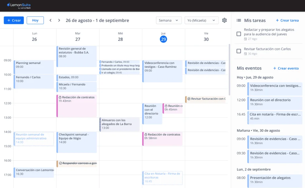 Vista de registro de tiempo por cliente y proyecto en LemonSuite