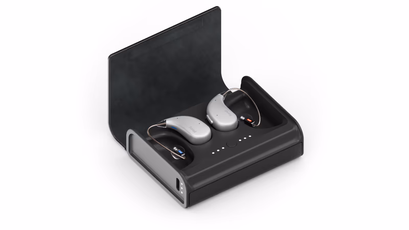 Pair of silver Fortell hearing aids placed in a black charging case with lid open and LED indicator lights visible.