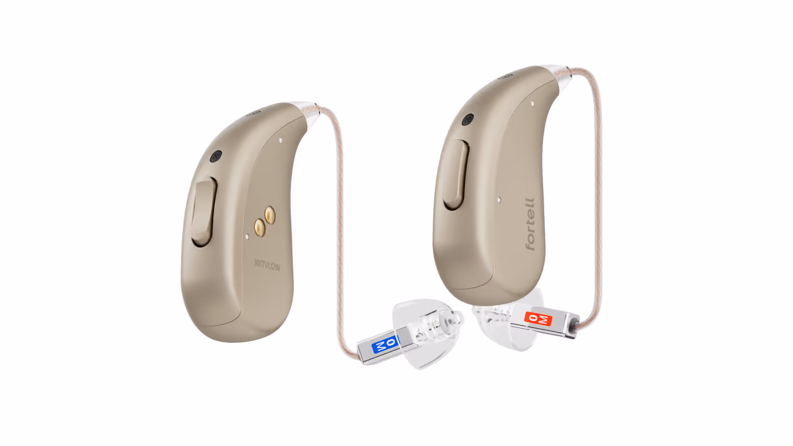 Pair of beige Fortell behind-the-ear hearing aids with colored blue and red ear tips connected by thin wires.
