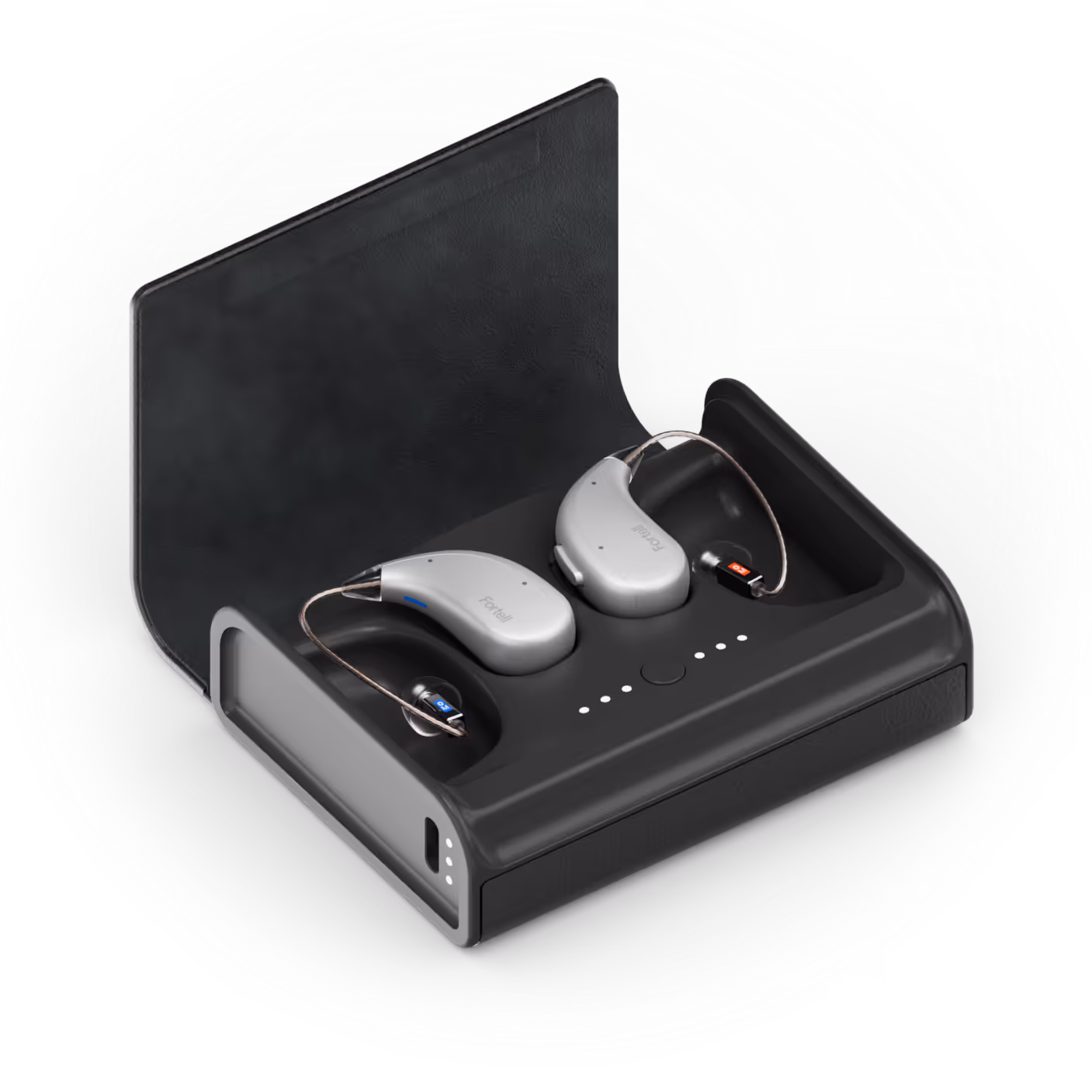 Open box shot of Fortell hearing aids in the case they come in.