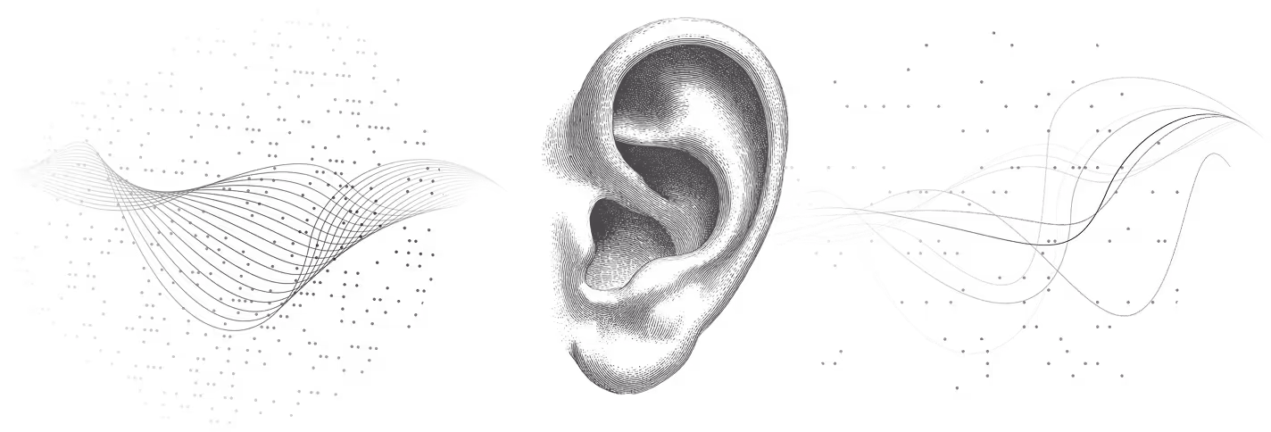 Illustration of a human ear listening to sound waves emitting from scattered particles on the left.