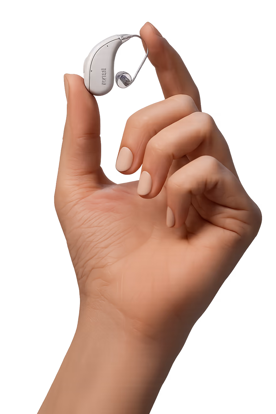 Hand holding a single Fortell hearing aid between two fingers.
