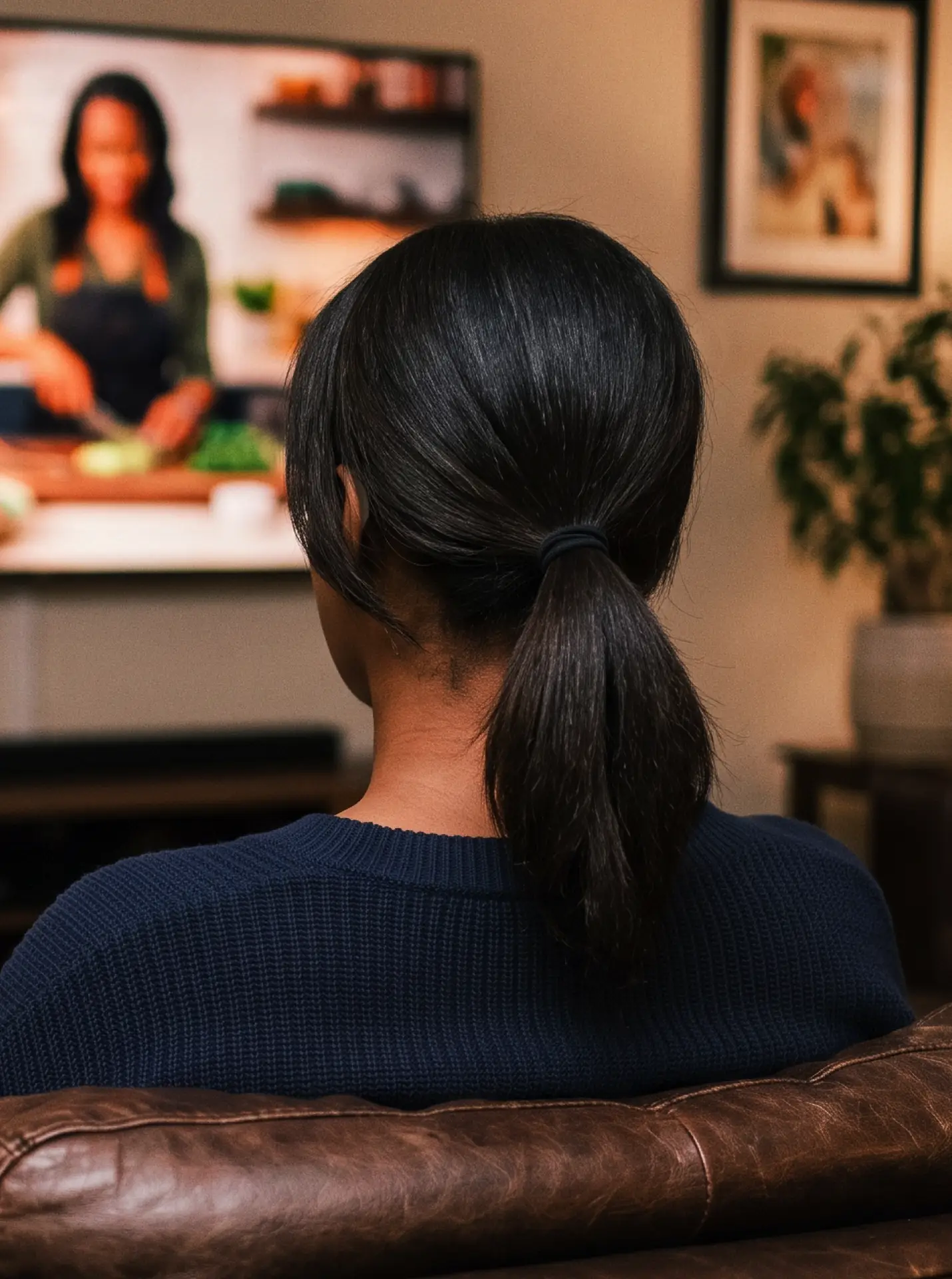 Woman relaxing on a sofa at home, watching TV