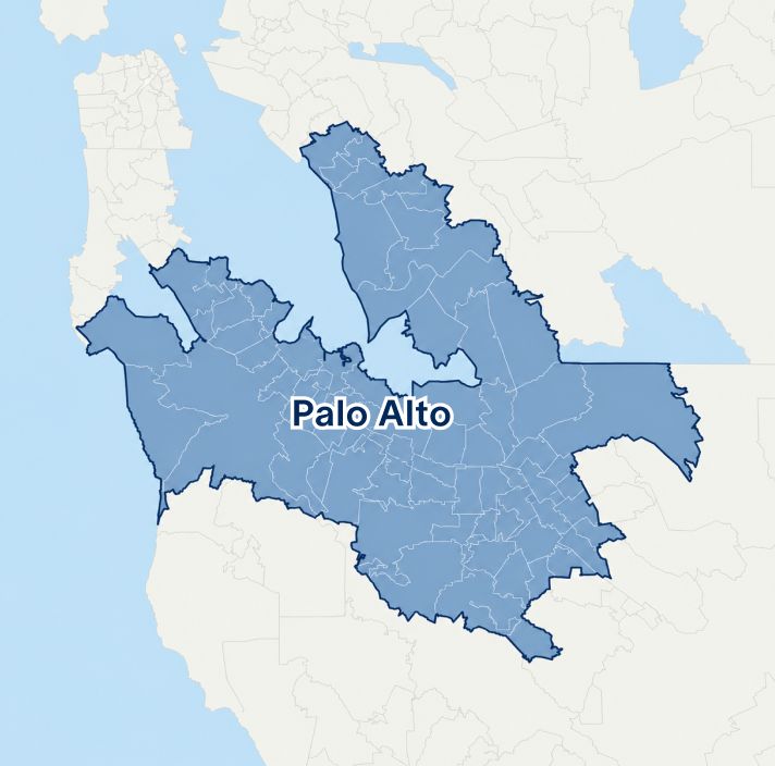 Map of the Fortell Palo Alto service area, covering the Peninsula and South Bay.