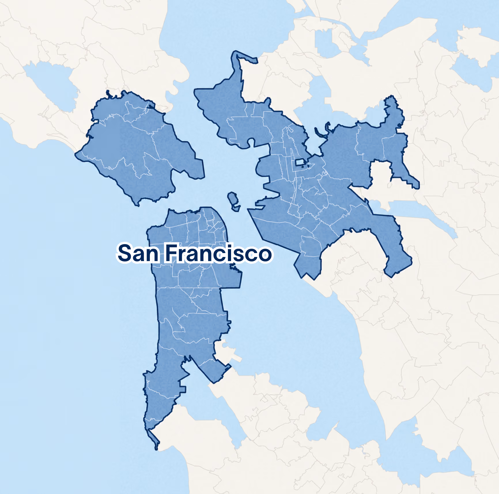 Map of the San Francisco Bay Area highlighting Fortell's service area in San Francisco, Marin and the East Bay.