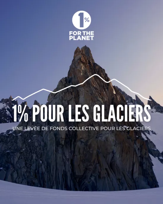 Image d'une montagne sous la neige avec le logo 1 % pour les glaciers