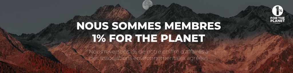 Image d'un coucher de soleil avec un texte Nous sommes membres du 1 % pour la planète