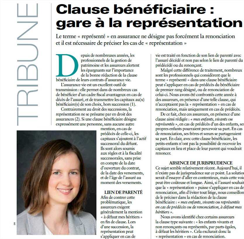 article en photo paru dans l'agefi sur le thème de la clause bénéficiaire avec une photo de Marie d'Huyvetter