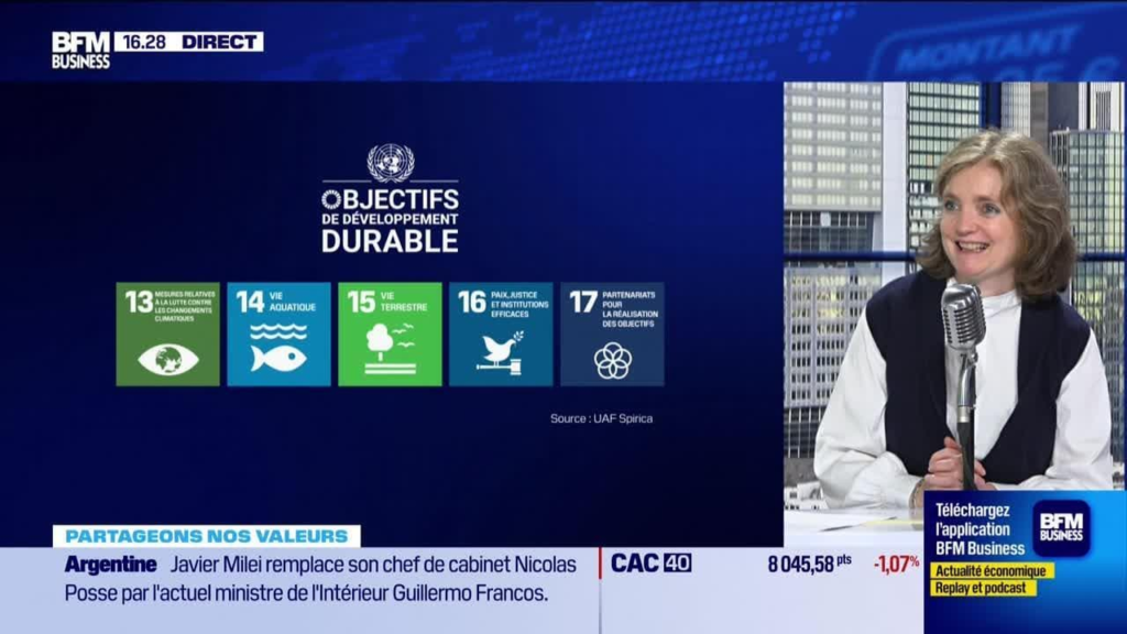 Pascale Bausssant sur la plateau de BFM Business pour parler des objectifs de développement durable. Liste des ODD de 13 à 17 à l'écran