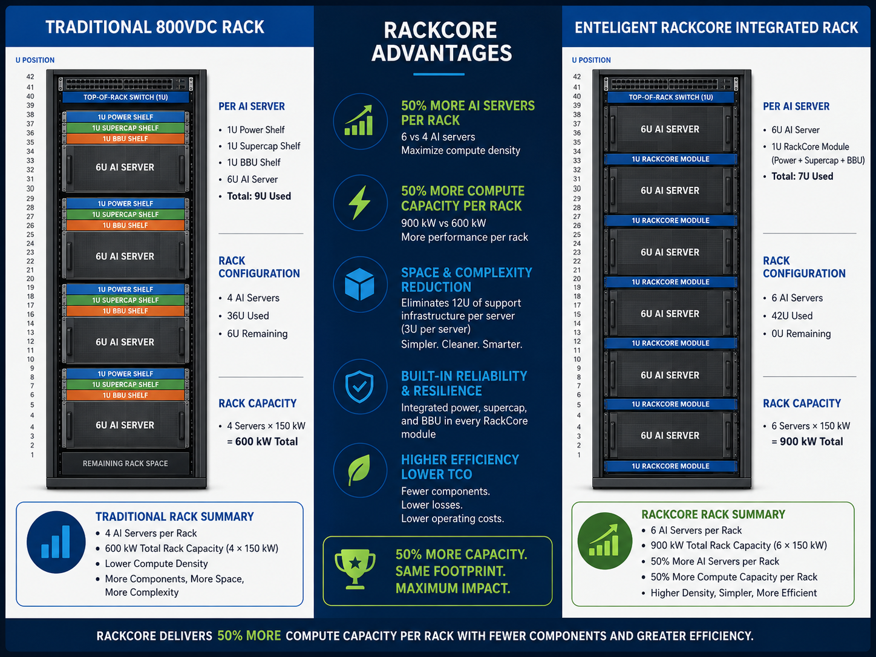 Rackcore advantages: traditional 800VDC rack vs Enteligent Rackcore integrated rack — 50% more compute capacity per rack with fewer components and greater efficiency
