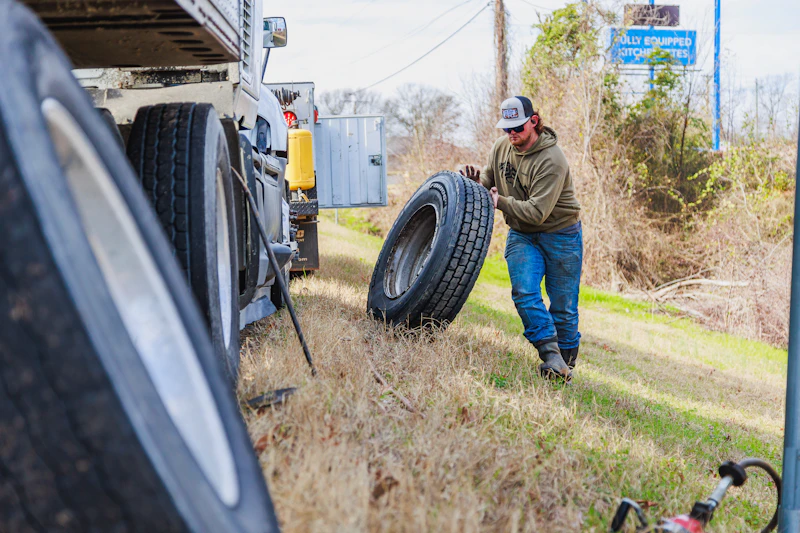 Roadside tire service on a heavy-duty truck as a technician rolls a replacement tire into position for emergency tire repair.