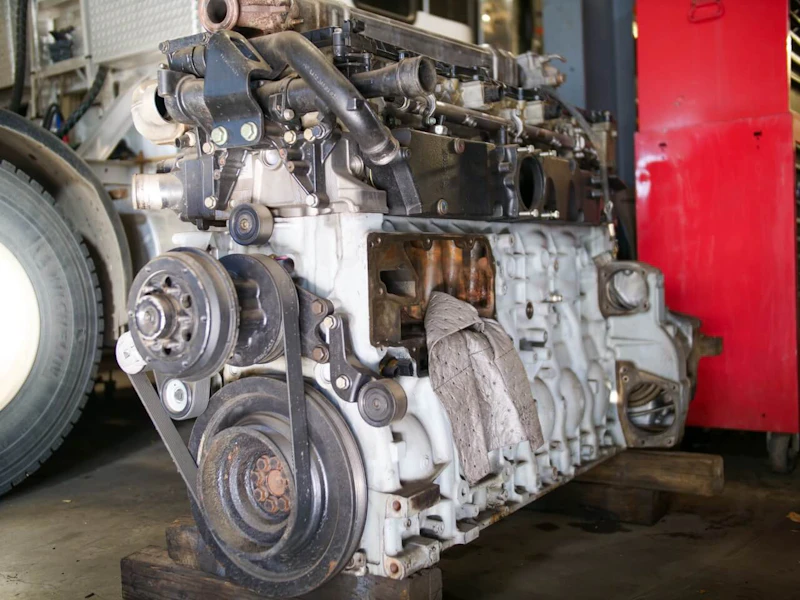 Engine repair with a heavy-duty diesel engine removed from a truck for overhaul and component service.