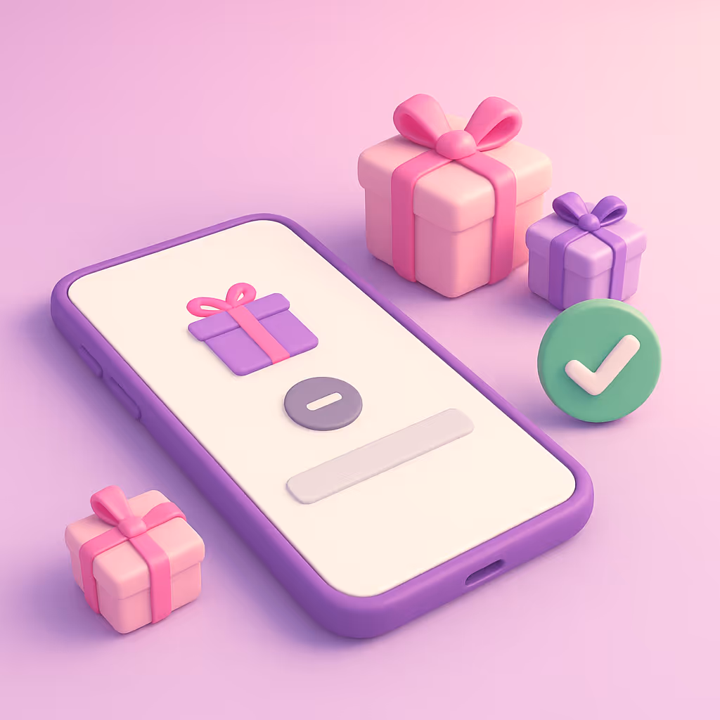 3D-illustration i pastelfarver af en smartphone liggende på et bord omgivet af gaveæsker og et grønt flueben. Skærmen viser et gaveikon og symbol for reserveret gave, der illustrerer oversigt og styr på ønskelisten.