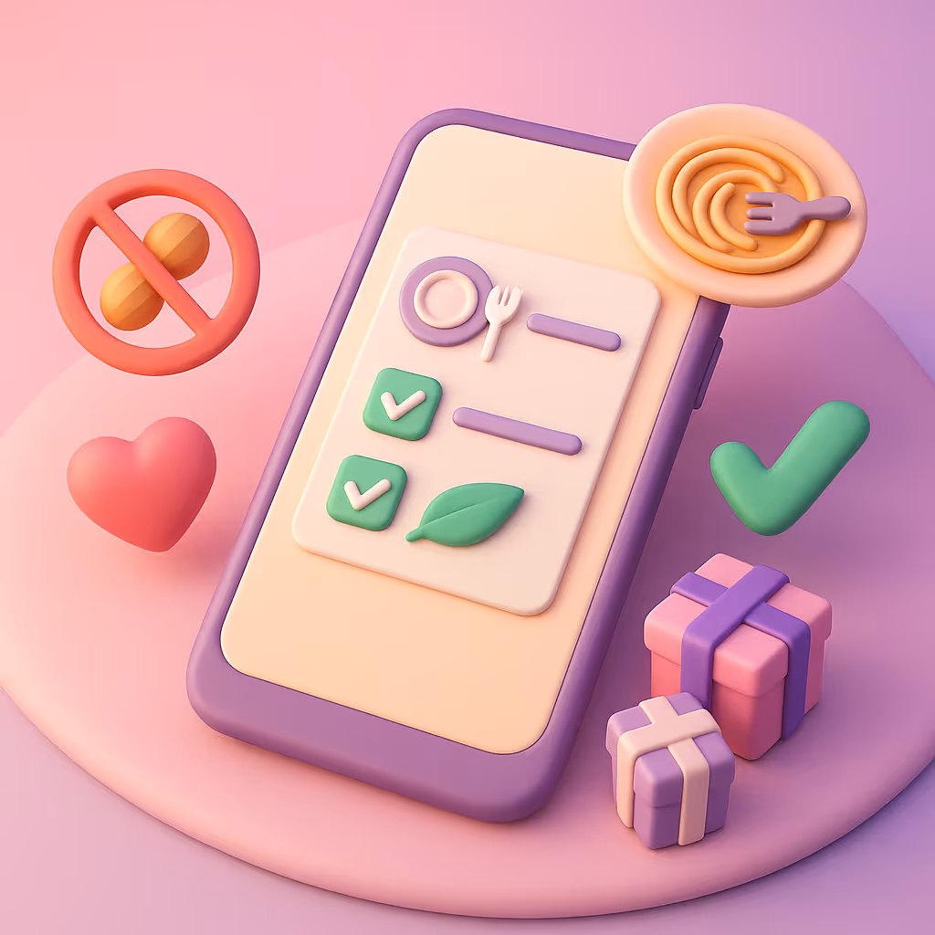 3D-illustration i pastelfarver af en smartphone med tjekliste og madikoner. Rundt om ses et kryds over et nøddeikon, et grønt flueben, et blad og et hjerte, der symboliserer styr på allergier og særlige ønsker.