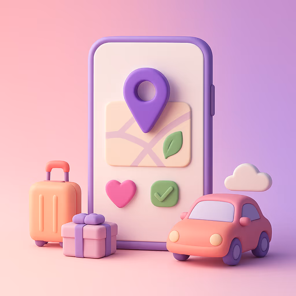 3D-illustration i pastelfarver af en smartphone med kort og positionsikon på skærmen. Rundt om står en kuffert, en bil, en sky og små ikoner i pink og grøn, der symboliserer overnatning og transport.