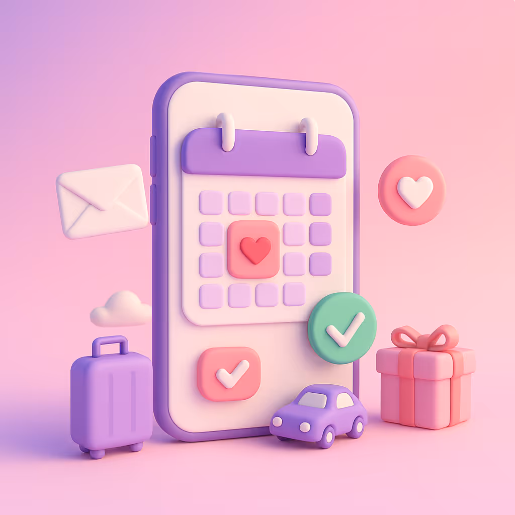 3D-illustration i pastelfarver af en smartphone med en kalender på skærmen, hvor en dato er markeret med et hjerte. Rundt om ses en konvolut, gave, bil og kuffert, der symboliserer planlægning og deling af “save the date”.