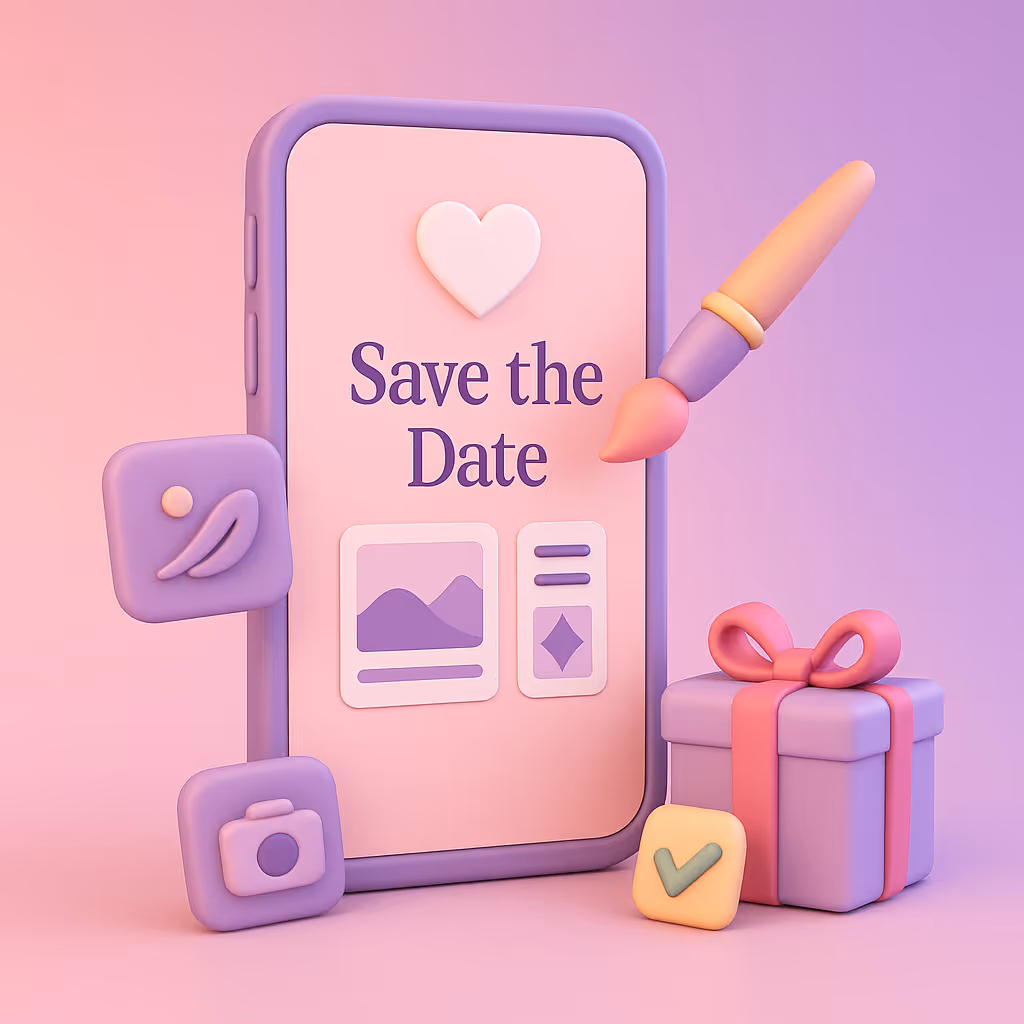 3D-illustration i pastelfarver af en smartphone, der viser en “save the date”-side med hjerte og designikoner. Rundt om ses en pensel, et kameraikon og en gaveæske, som symboliserer personlig tilpasning og forberedelse til den store dag.