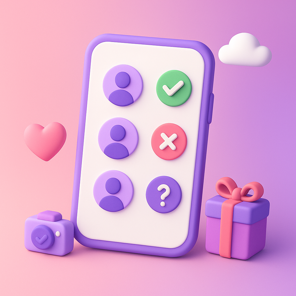 3D-illustration i pastelfarver af en smartphone med gæsteliste, der viser avatarer med flueben, kryds og spørgsmålstegn. Rundt om ses et hjerte, en sky, et kameraikon og en gaveæske, der symboliserer overblik over gæstesvar.
