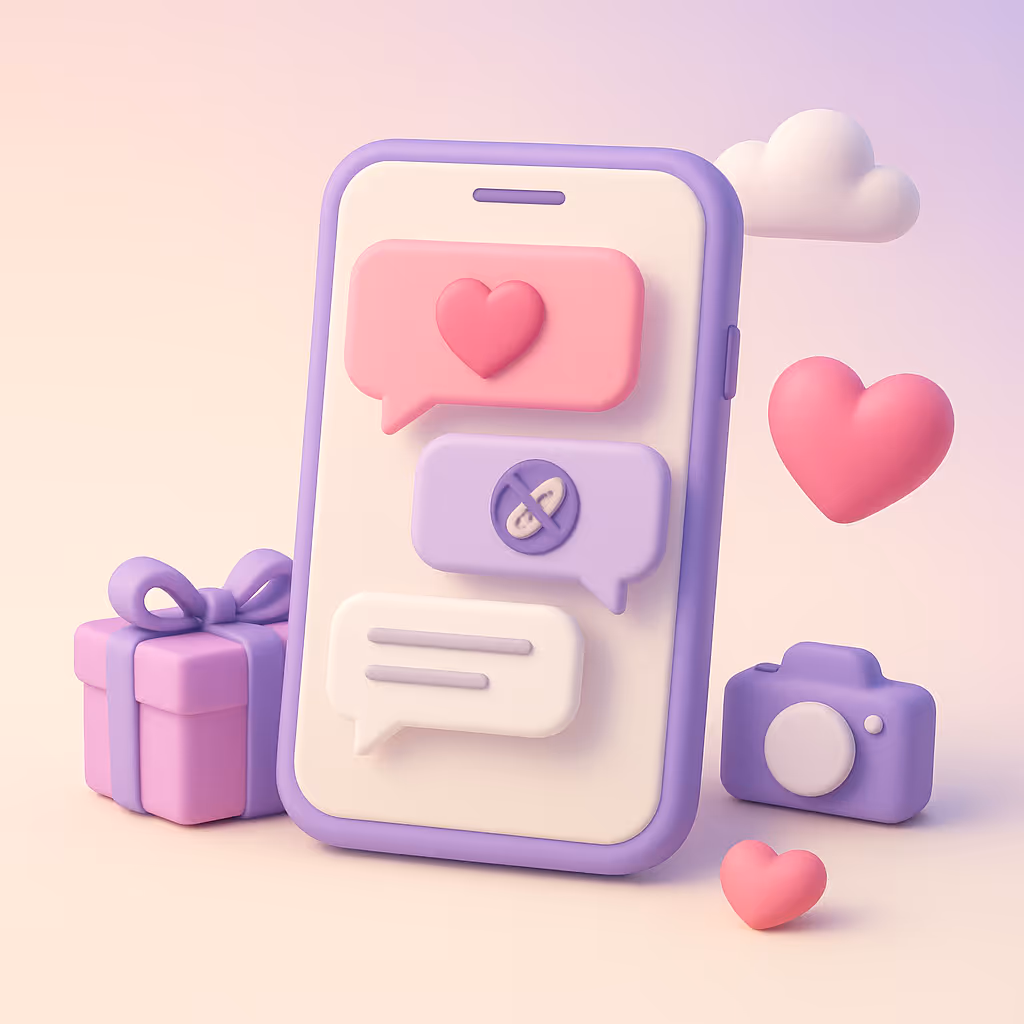 3D-illustration i pastelfarver af en smartphone med chatbobler på skærmen, omgivet af et hjerte, en sky, et kameraikon og en gaveæske. Billedet symboliserer, at alle gæstesvar er samlet ét sted.