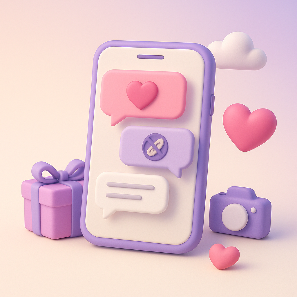 3D-illustration i pastelfarver af en smartphone med chatbobler på skærmen, omgivet af et hjerte, en sky, et kameraikon og en gaveæske. Billedet symboliserer, at alle gæstesvar er samlet ét sted.