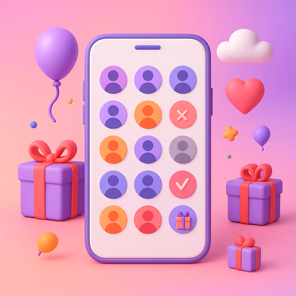 3D-illustration i pastelfarver af en smartphone med mange avatar-ikoner på skærmen. Rundt om ses balloner, skyer, hjerter og gaveæsker, der symboliserer ubegrænset antal gæster til en fest.