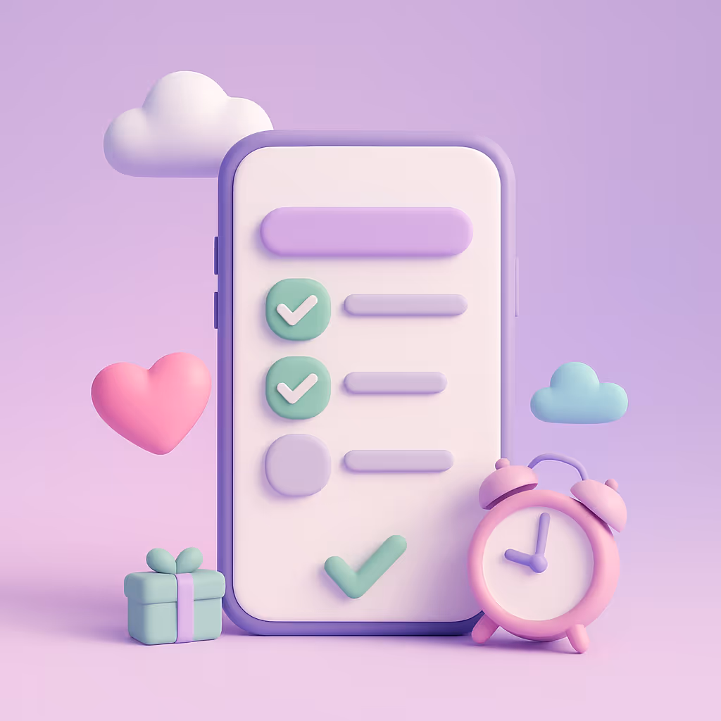 3D-illustration i pastelfarver af en smartphone med en liste og grønne flueben. Rundt om ses et hjerte, et ur, skyer og en gaveæske, der symboliserer overblik over gæsternes besvarelser.