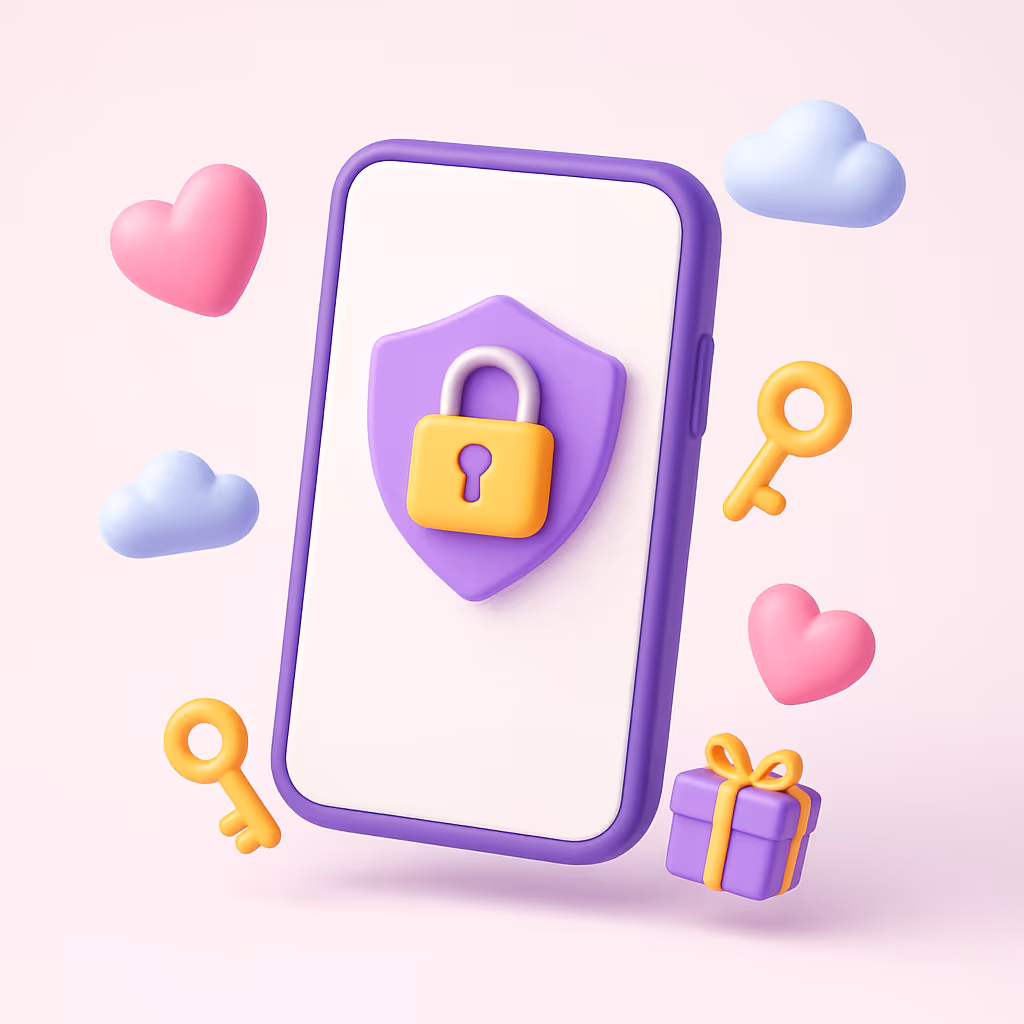 3D-illustration i pastelfarver af en smartphone med et lilla skjold og gul hængelås på skærmen. Rundt om ses nøgler, hjerter, skyer og en gaveæske, der symboliserer nem og sikker adgang for gæster via mobil.